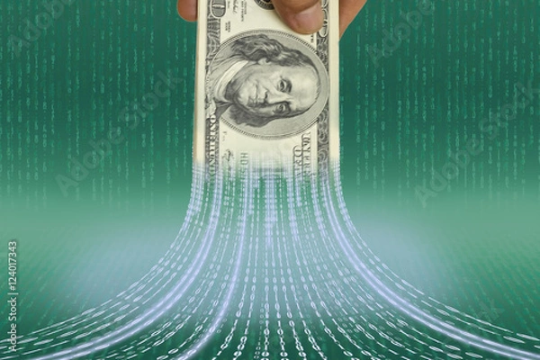 Obraz FINTEC concept image. US bank note with binary code on abstract digital code background.