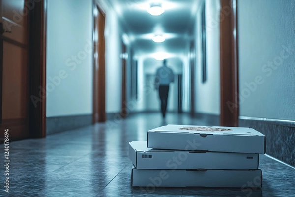 Fototapeta Stack of pizza boxes in a hotel hallway with a blurred delivery person