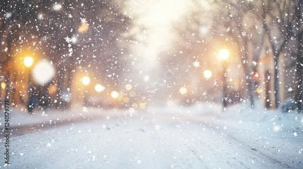 Fototapeta Snowflakes gently falling from the sky, covering a city street in a soft white layer