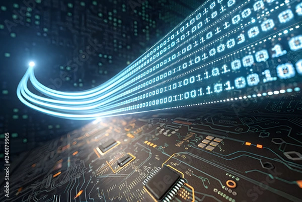 Fototapeta Futuristic Digital Data Flow with Circuit Board and Binary Codes