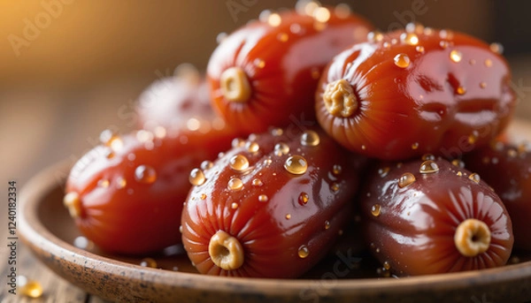 Obraz Dates and juice on a white plate in natural sunlight