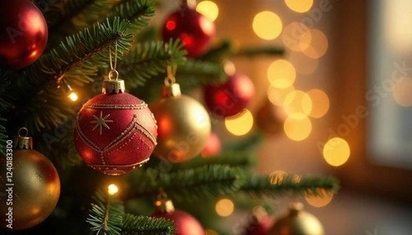 Fototapeta Sparkling ornaments hang from a luxurious golden tree on a festive backdrop, tree, sparkles, glitter