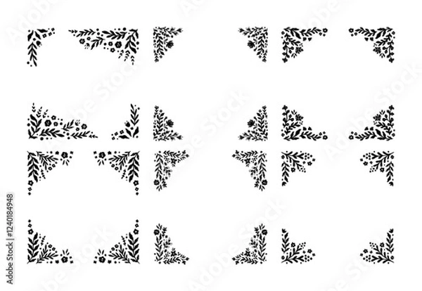 Obraz Floral Handdrawn Corner Frame Set in Retro Curl Style. Beautiful Flora Filigree Wall Art Decor. Vector Nature Illustration Isolated on White Background. Linocut Floral Ornament. Print Decoration