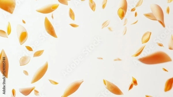 Fototapeta Falling pasta shells on white background, food photography, light and airy aesthetic, golden color, close up view, studio shot, bright lighting