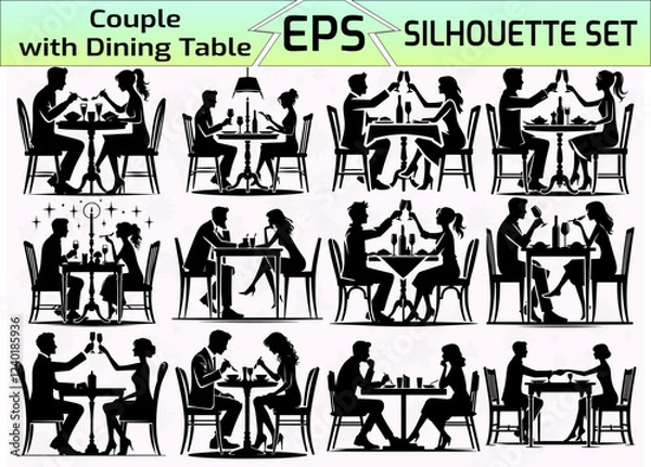 Fototapeta Set of Couple with dining table Silhouette Vector Illustration	