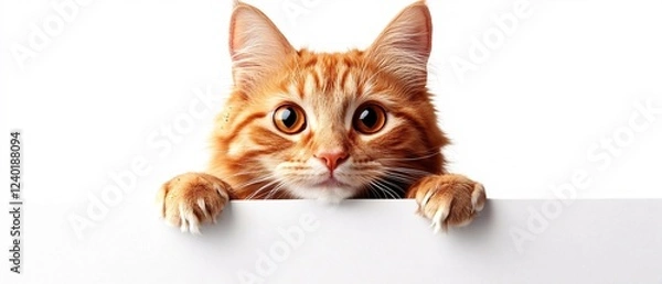 Fototapeta Orange tabby cat peeking over a white board with big brown eyes on a clean white background