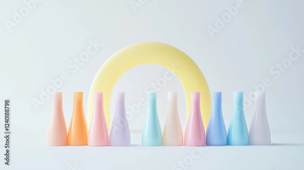 Fototapeta Abstract colorful arrows on a white background with various objects like a toothbrush, cotton, and plastic items in shades of red, green, blue, yellow, and pink, representing hygiene and dental care