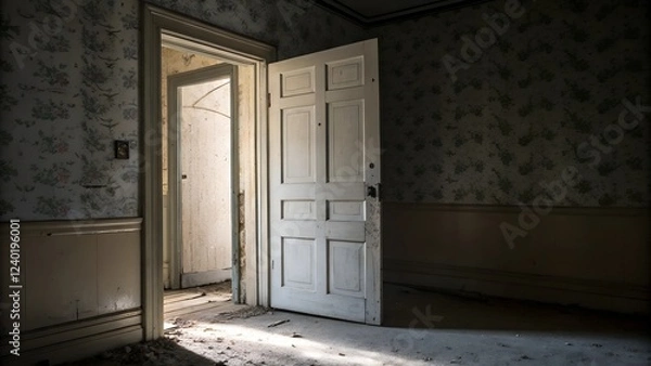 Fototapeta an abandoned or decaying room with an open door leading to another room