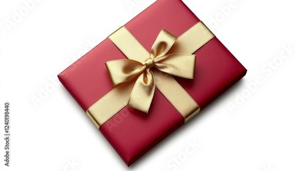 Fototapeta Red gift box with gold ribbon and bow on white background. Top view. Festive present concept. Holiday celebration. Square package