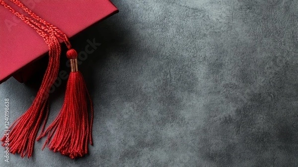 Fototapeta Red graduation cap with tassel on dark gray textured background. Close up view, copy space. Academic achievement concept