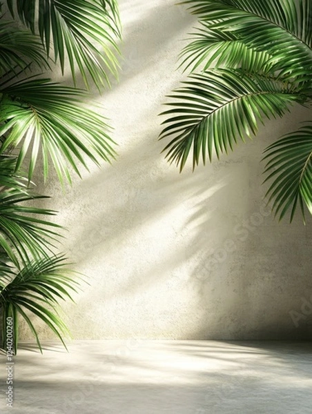 Fototapeta Tropical green palm leaves framing a textured wall with soft sunlight casting shadows on the floor