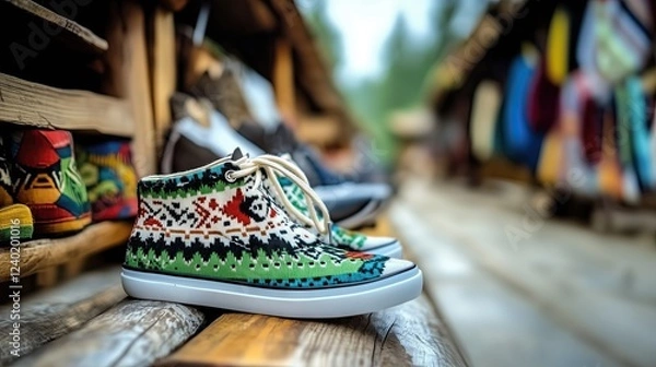 Fototapeta Handmade ethnic sneakers with colorful woven patterns displayed on a rustic wooden market stall, surrounded by traditional handcrafted items.

