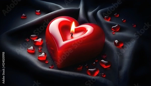 Fototapeta The cozy glow of love from a delightful red heart-shaped candle resting on a black fabric.