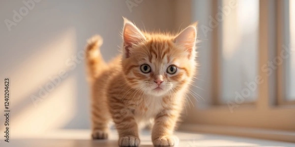 Fototapeta Cute orange tabby kitten looking curiously at its surroundings in soft natural light indoors
