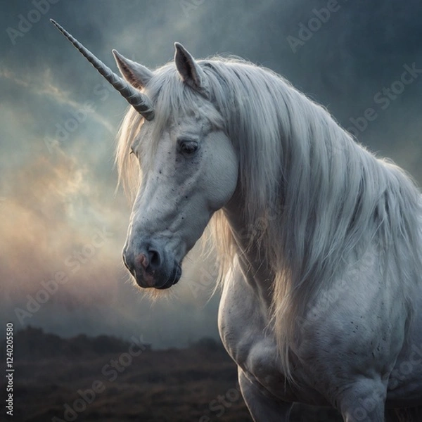 Fototapeta A dreamlike watercolor of a unicorn with a silvery mane, its figure fading into the background.