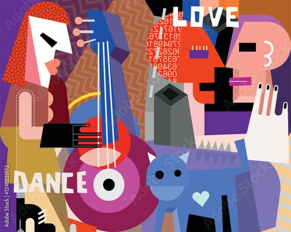 Obraz Two lovers are dancing, a woman is playing the guitar and grey cat is walking. Cubism art vector illustration.