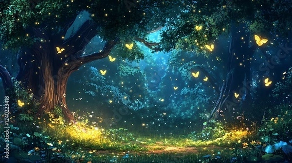 Obraz Enchanting Nighttime Forest with Glowing Butterflies and Fireflies
