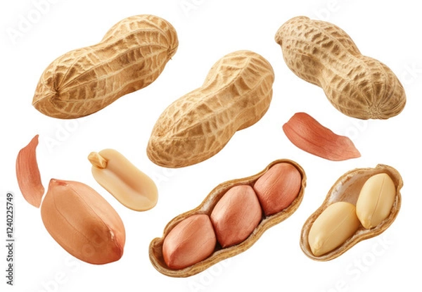 Fototapeta Several peanuts in and out of shells, including split whole, displayed on transparent background