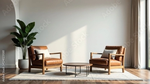 Fototapeta Serene Living Room Design with Two Leather Armchairs and a Coffee Table on a Plush Rug