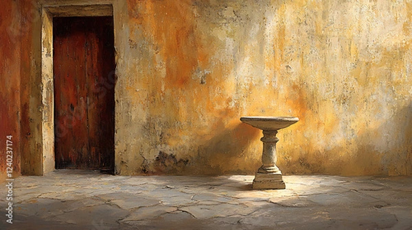 Fototapeta Sunlit stone basin near old door, textured wall