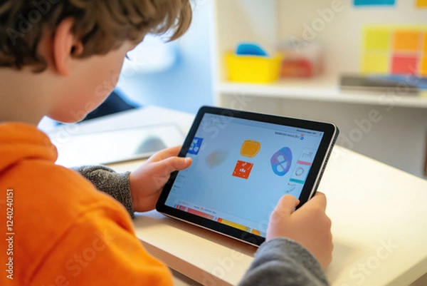Fototapeta Boy exploring an educational app on a tablet at school
