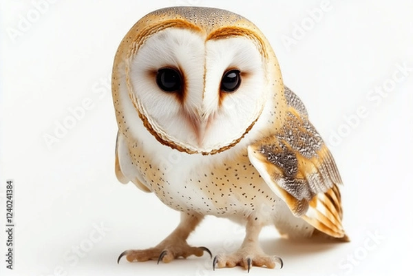 Fototapeta Isolated barn owl against a plain white backdrop