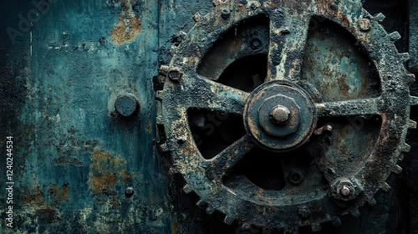 Obraz Rusty gear on weathered metal surface, showcasing industrial decay and vintage machinery. intricate details evoke sense of nostalgia and history