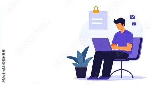 Fototapeta Young man working on a laptop at home, surrounded by plants, with checklists in the background