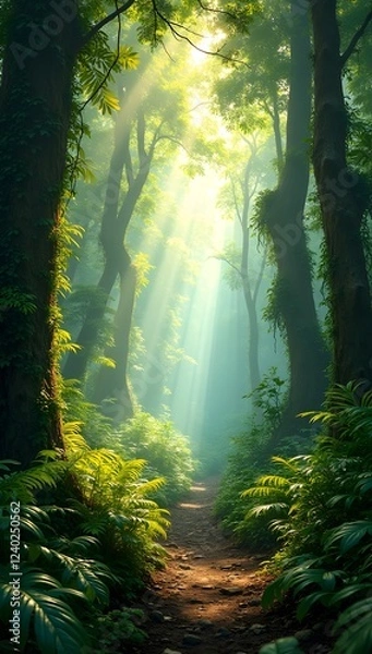 Fototapeta Peaceful Pathway in Dense Green Forest – Mobile Background