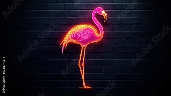 Fototapeta A minimalist neon art of a bright flamingo standing on one leg, glowing pink and orange against a matte black brick wall, creating a tropical vibe.