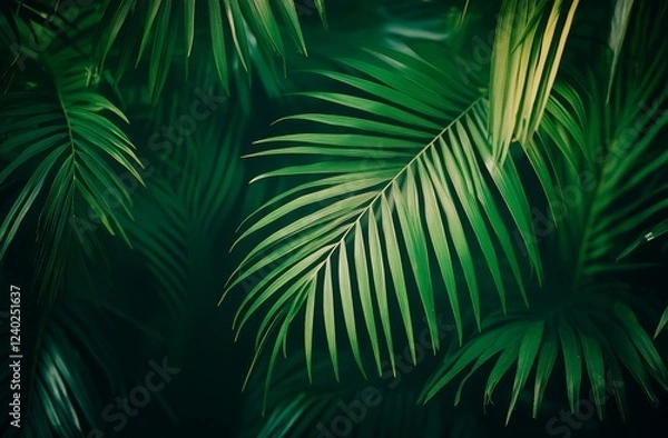 Fototapeta Lush tropical palm leaves, dark background, nature backdrop, website design