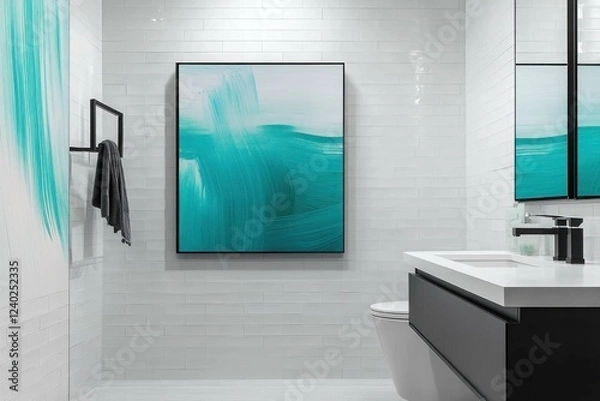 Fototapeta A minimalist bathroom with clean white tiles, matte black fixtures, and an acrylic art panel with abstract brushstrokes in vibrant teal.