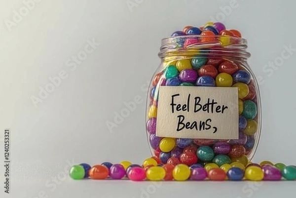 Fototapeta A miniature jar filled with multicolored jellybeans and a handwritten label that says "Feel Better Beans," sitting on a soft white background.