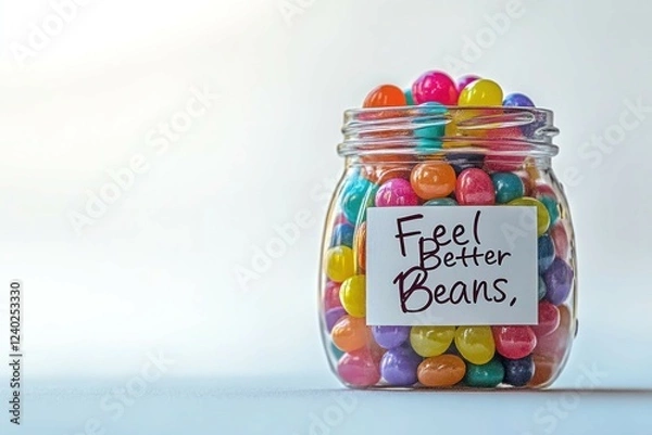 Fototapeta A miniature jar filled with multicolored jellybeans and a handwritten label that says "Feel Better Beans," sitting on a soft white background.