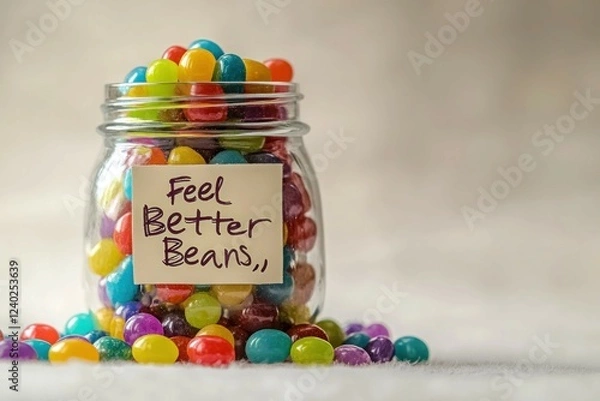 Fototapeta A miniature jar filled with multicolored jellybeans and a handwritten label that says "Feel Better Beans," sitting on a soft white background.