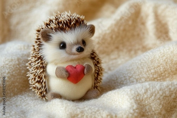 Fototapeta A miniature hand-sewn stuffed hedgehog holding a tiny heart, seated on a soft cream-colored fabric.
