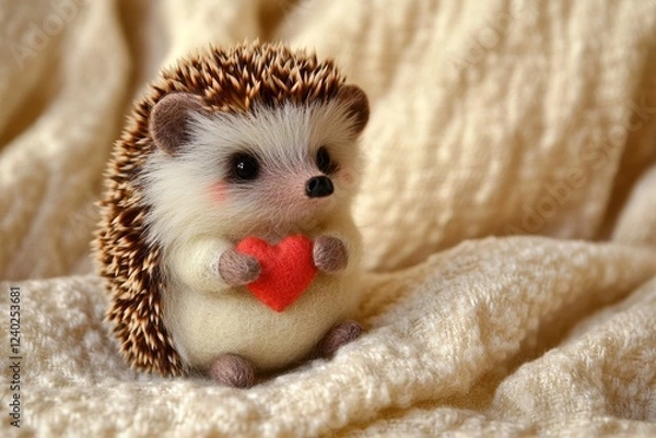 Fototapeta A miniature hand-sewn stuffed hedgehog holding a tiny heart, seated on a soft cream-colored fabric.