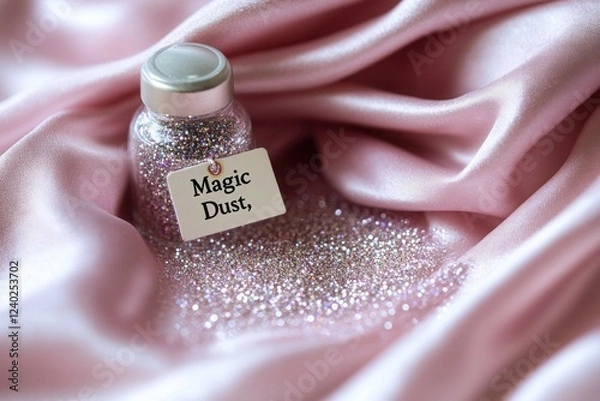 Fototapeta A miniature bottle containing sparkling glitter and a tiny tag reading "Magic Dust," resting on a pink fabric.