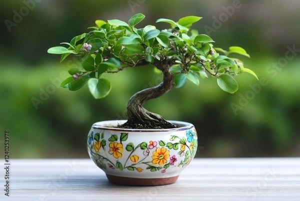 Fototapeta A miniature bonsai tree with a handcrafted ceramic pot painted with cheerful floral designs, set on a clean wooden surface.