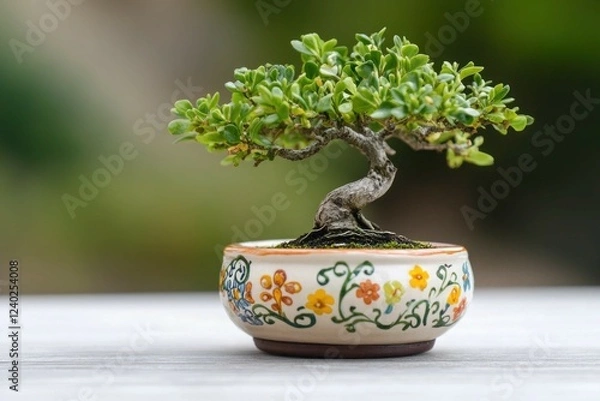 Fototapeta A miniature bonsai tree with a handcrafted ceramic pot painted with cheerful floral designs, set on a clean wooden surface.