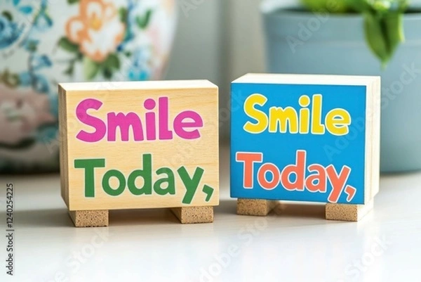 Fototapeta A mini wooden calendar block set with vibrant positive words like "Smile Today," displayed on a light desk.