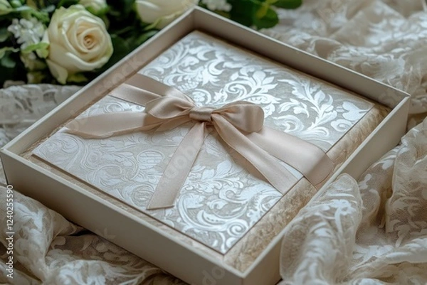 Fototapeta A luxury wedding invitation in an embossed box with  ribbons, intricate patterns, and an elegant floral touch.