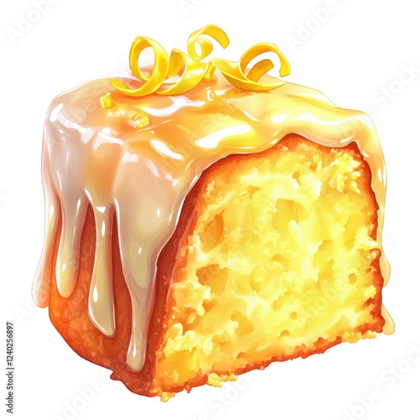 Obraz A stylized cartoon-inspired graphic of a fluffy lemon drizzle cake slice with a glossy citrus glaze and a few zest curls on top, transparent background, PNG