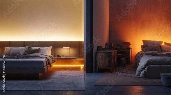 Fototapeta A luxurious modern bedroom with sleek furniture and ambient lighting next to a small, cluttered room with old, mismatched items.