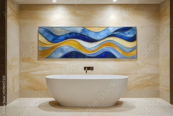 Fototapeta A luxurious modern bathroom with a minimalist design, featuring a sleek acrylic wall art panel displaying abstract patterns in shades of blue and gold.