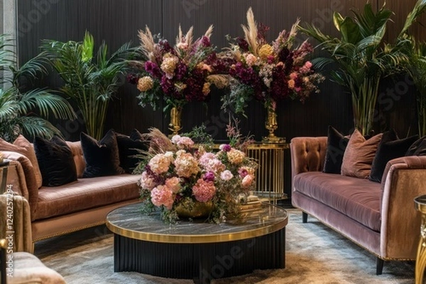 Fototapeta A luxurious lounge area with plush velvet sofas, gold accents, and a coffee table filled with flower arrangements.