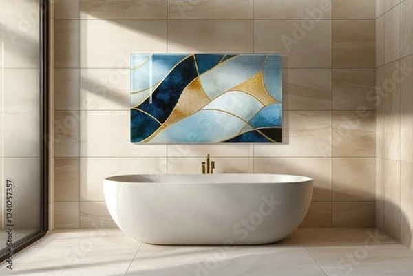 Fototapeta A luxurious modern bathroom with a minimalist design, featuring a sleek acrylic wall art panel displaying abstract patterns in shades of blue and gold.