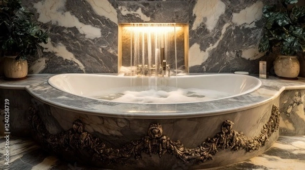 Fototapeta A luxurious bathtub surrounded by decorative marble, with a flowing water feature and soft, ambient lighting.