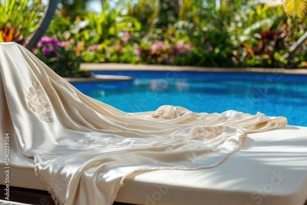 Fototapeta A lightweight silk throw with subtle embroidery draped on a sunbed by a sparkling blue pool, with tropical flowers and palm trees in the background.