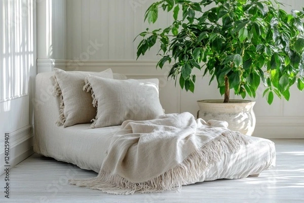 Fototapeta A lightweight linen throw with delicate fringe, artfully arranged on a chaise lounge near a large indoor plant in a bright, airy room with white-washed floors and walls.